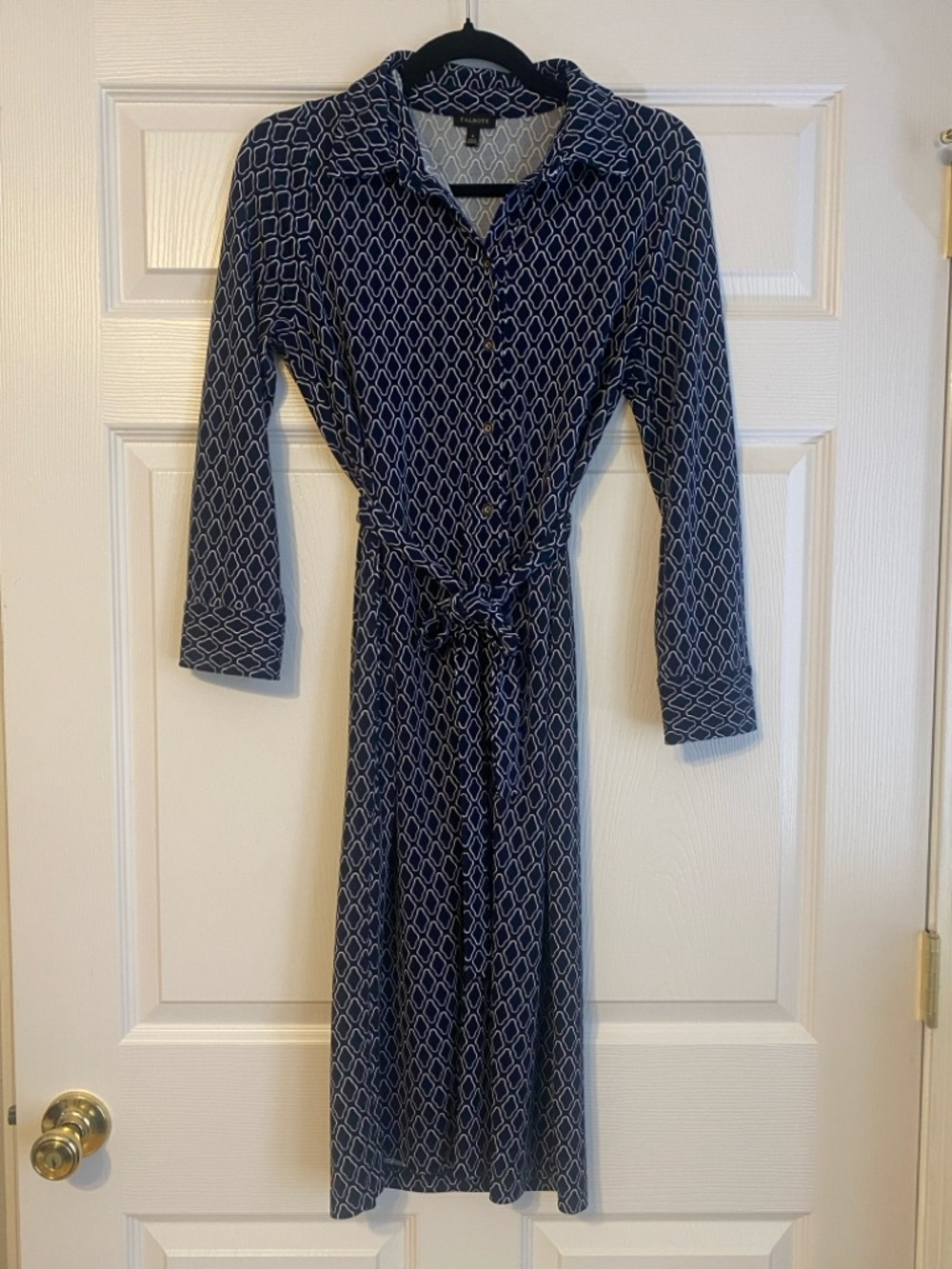 Talbots Navy and White Geometric Tie-Waist Shirt Dress